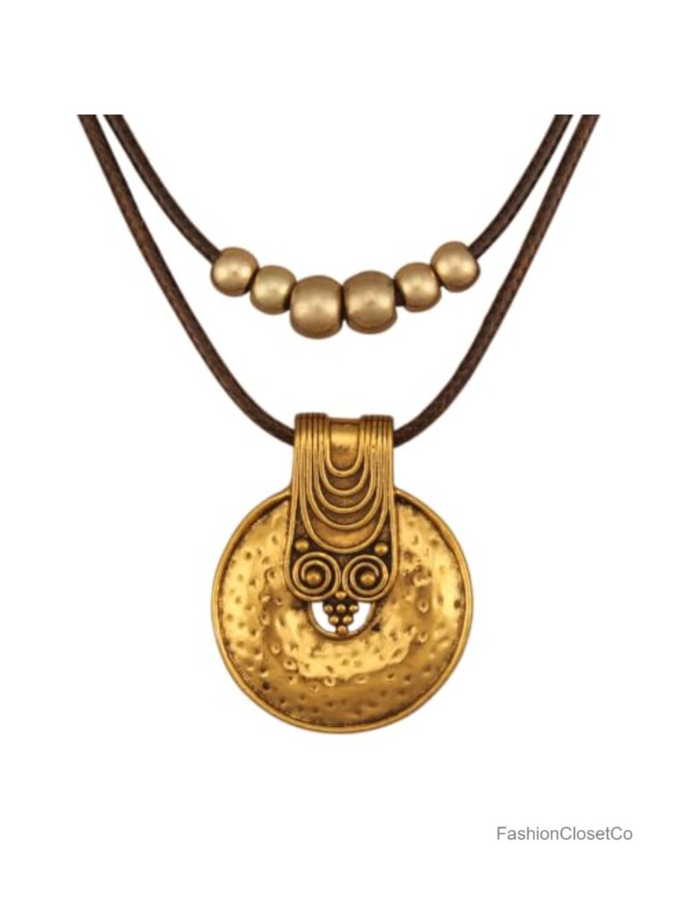 Boho Long Necklace Faux Leather Wooden Pendant Brass Fold Over Clasp